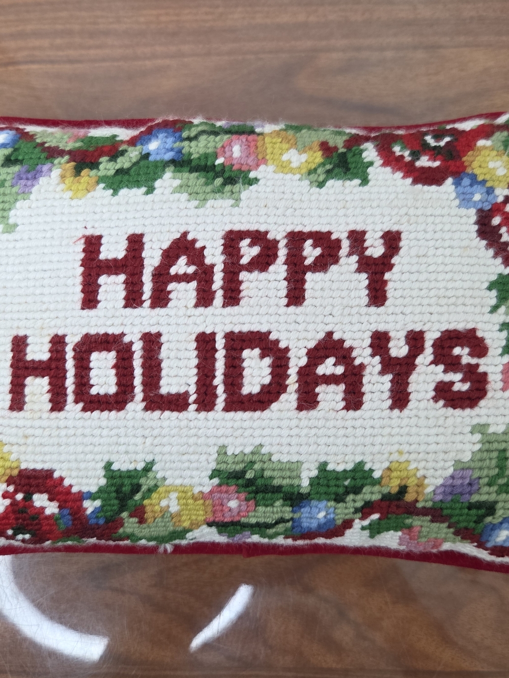Holiday Needlepoint Pillow - Cream with Red 'Happy Holidays' Text 8x6" Decor